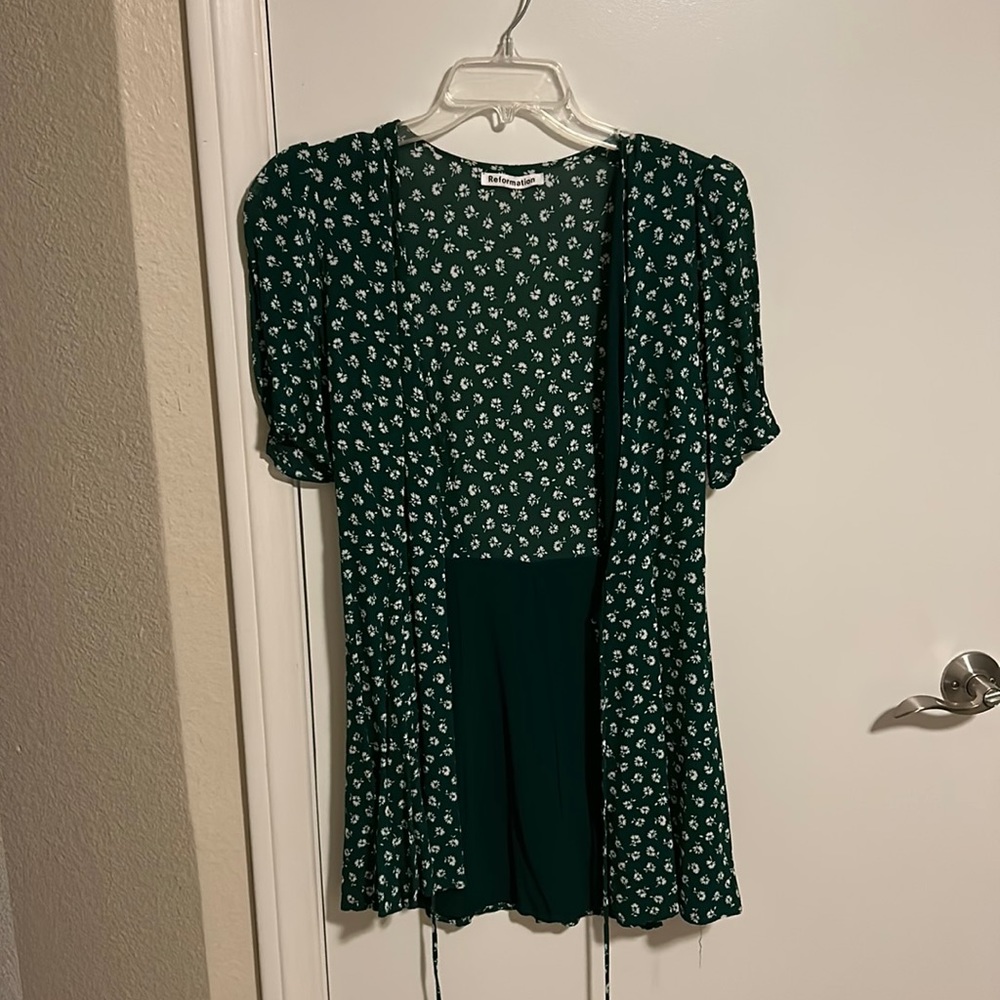 Reformation Dark Green Mini Dress with White Floral Print